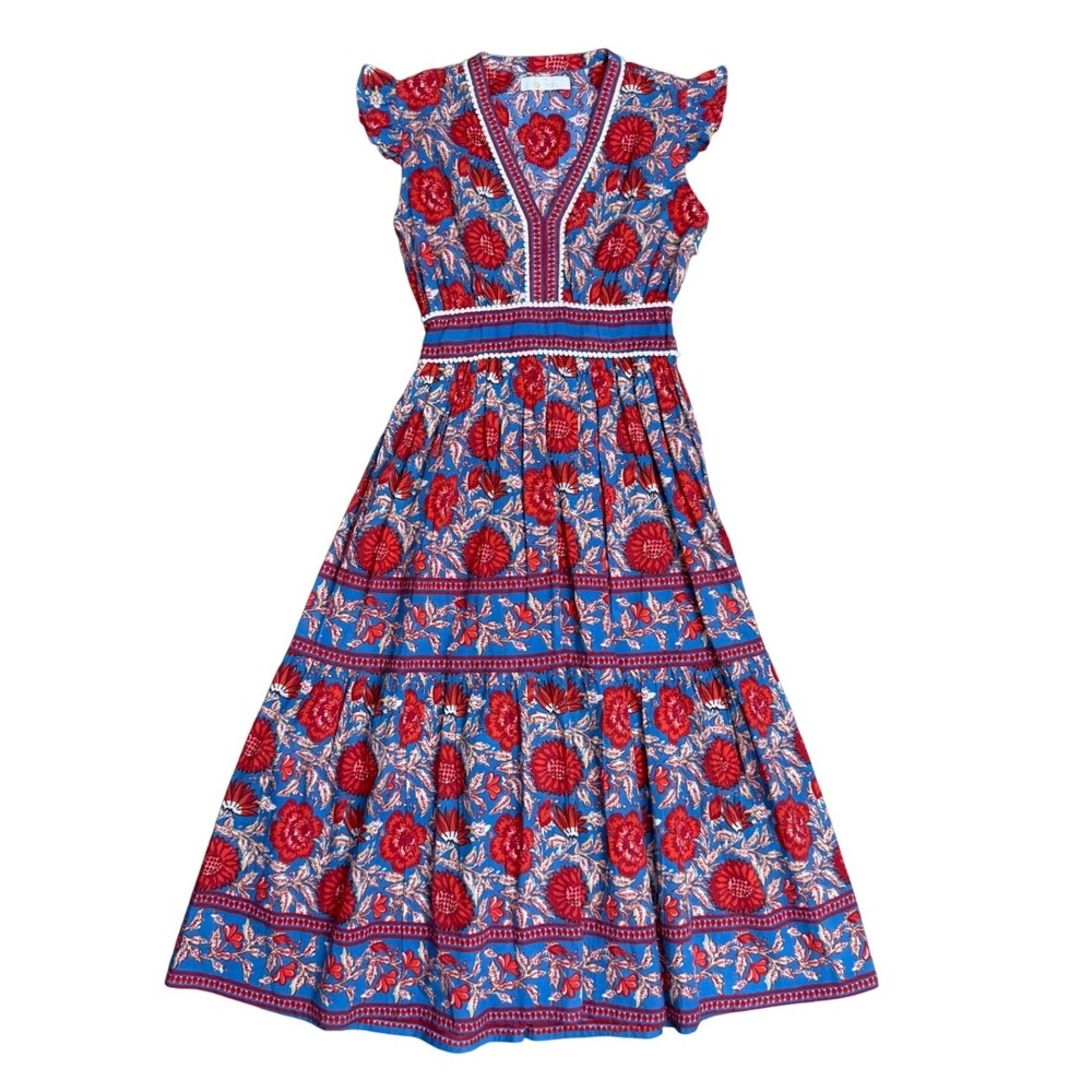 Bindu Floral Boho Cotton Block Print Maxi Dress Pom Pom small india cottage